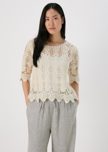 Cream Lace Crochet T Shirt