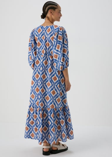 Blue Aztec Print Cotton Midi Dress