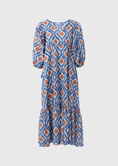 Blue Aztec Print Cotton Midi Dress