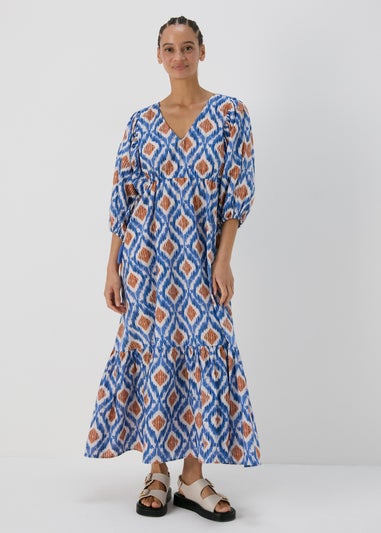 Blue Aztec Print Cotton Midi Dress