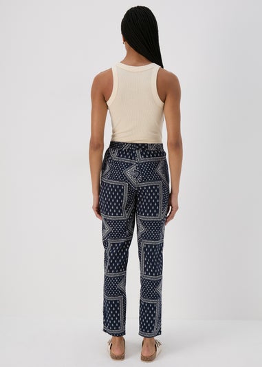 Navy Printed Viscose Tapered Trousers