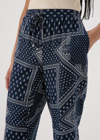 Navy Printed Viscose Tapered Trousers