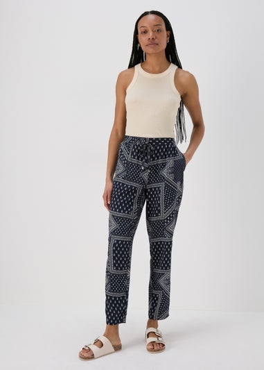 Navy Printed Viscose Tapered Trousers