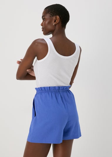 Blue Solid Pull On Linen Shorts