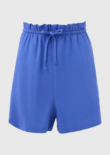 Blue Solid Pull On Linen Shorts