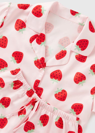 Girls Pink Strawberry Satin Pyjama Set (4-13yrs)