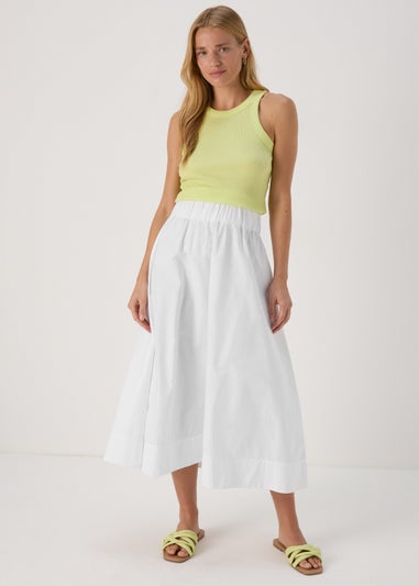 White Solid Poplin Midi Skirt