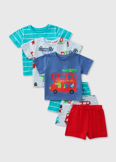 Boys 3 Pack Bus Print T-Shirt & Shorts Pyjama Sets (9mths-5yrs)
