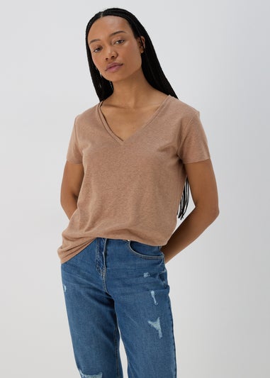 Brown Plain Linen V Neck T-Shirt