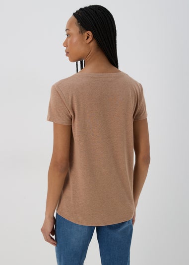 Brown Plain Linen V Neck T-Shirt