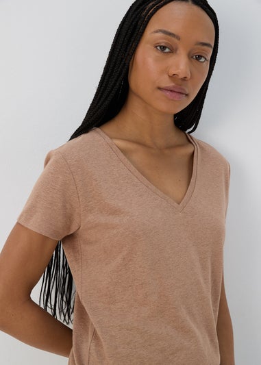 Brown Plain Linen V Neck T-Shirt