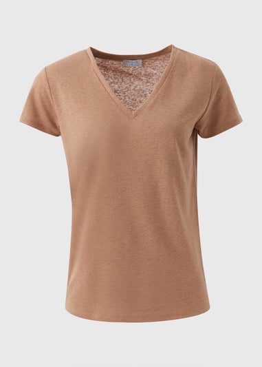 Brown Plain Linen V Neck T-Shirt