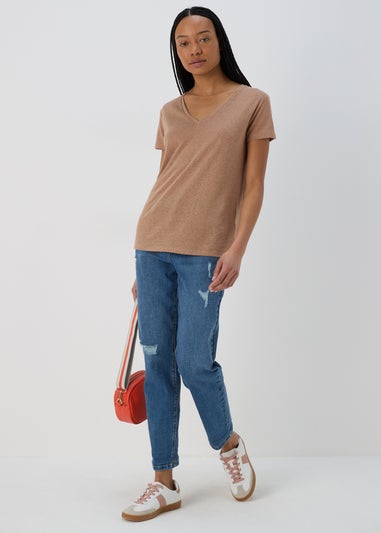 Brown Plain Linen V Neck T-Shirt
