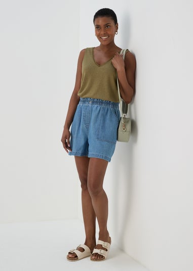 Khaki Plain V Neck Linen Vest