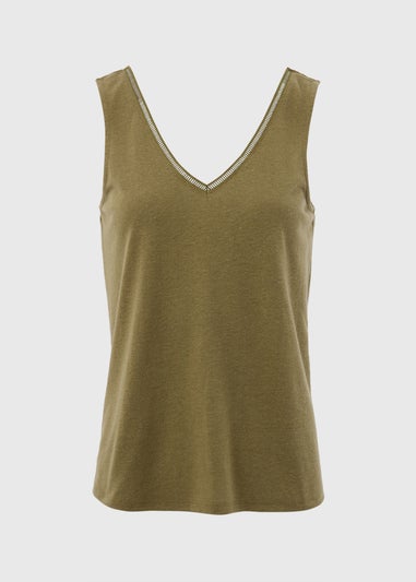 Khaki Plain V Neck Linen Vest