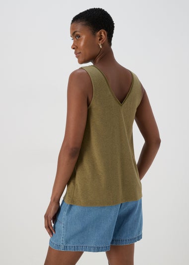 Khaki Plain V Neck Linen Vest