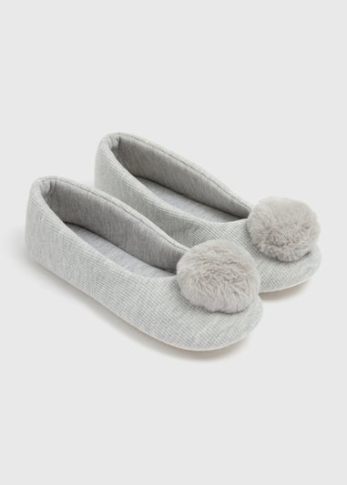Grey Pom Knit Ballet Slippers