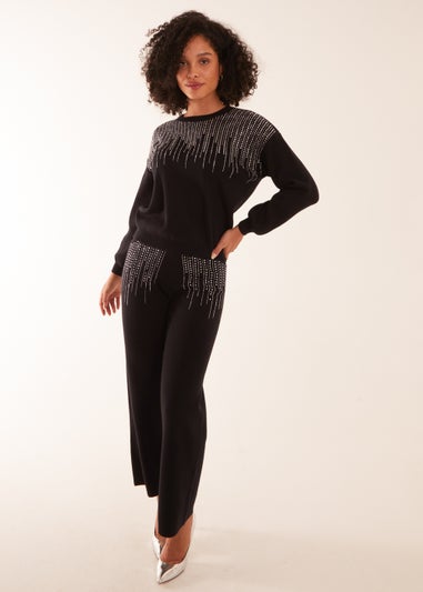 Blue Vanilla Black Diamante Knitted Flared Trousers