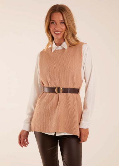 Blue Vanilla Camel Rib Knit Vest With Blouse With Belt