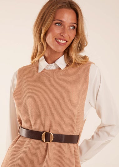 Blue Vanilla Camel Rib Knit Vest With Blouse With Belt