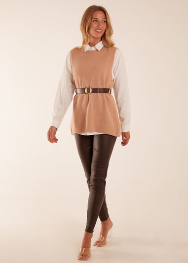 Blue Vanilla Camel Rib Knit Vest With Blouse With Belt