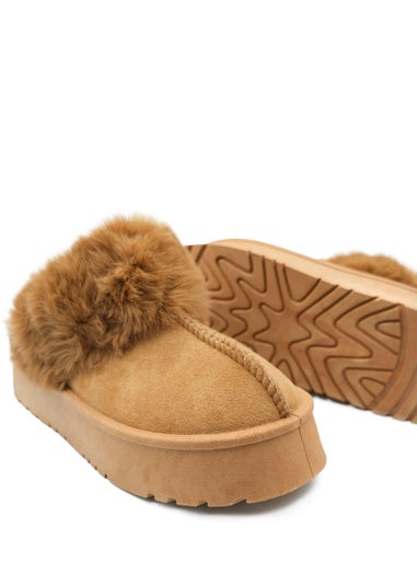 Where's That From Brown Suede Destiny Faux Fur Low Ankle Slipper Boots