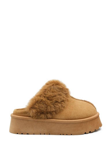 Where's That From Brown Suede Destiny Faux Fur Low Ankle Slipper Boots