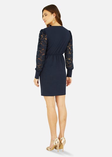 Mela Lace Sleeve Dress With Gold Belt Detail In Navy