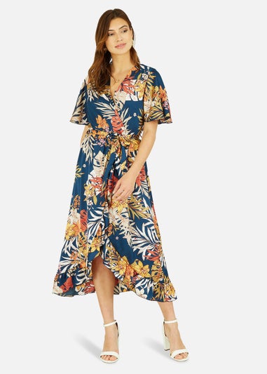 Mela Satin Leaf Print Wrap Midi Dress In Navy
