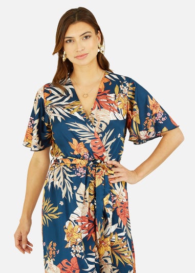 Mela Satin Leaf Print Wrap Midi Dress In Navy