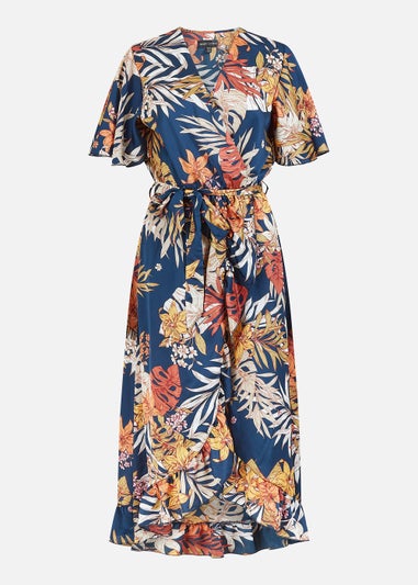 Mela Satin Leaf Print Wrap Midi Dress In Navy