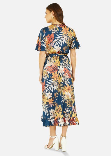 Mela Satin Leaf Print Wrap Midi Dress In Navy