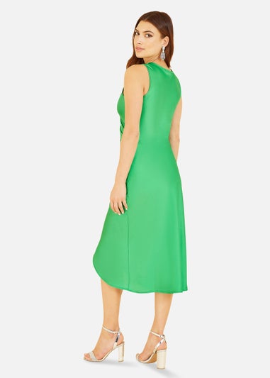 Mela Satin Wrap Ruched Midi Dress In Green