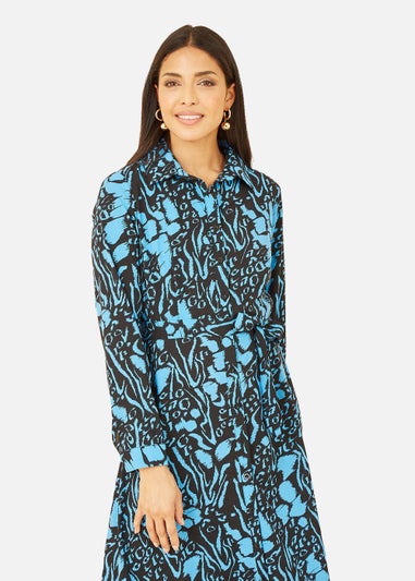 Mela Animal Print Long Sleeve Shirt Midi Dress In Blue