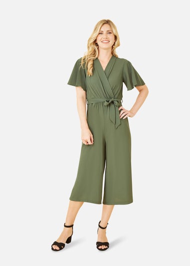 Mela Wrap Over Jumpsuit With Angel Sleeves In Green