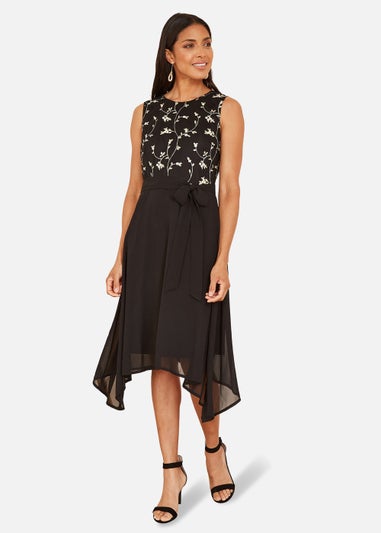 Mela Embroidery Midi Skater Dress With Dip Hem In Black