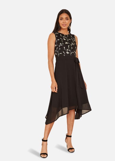 Mela Embroidery Midi Skater Dress With Dip Hem In Black