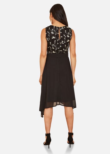 Mela Embroidery Midi Skater Dress With Dip Hem In Black