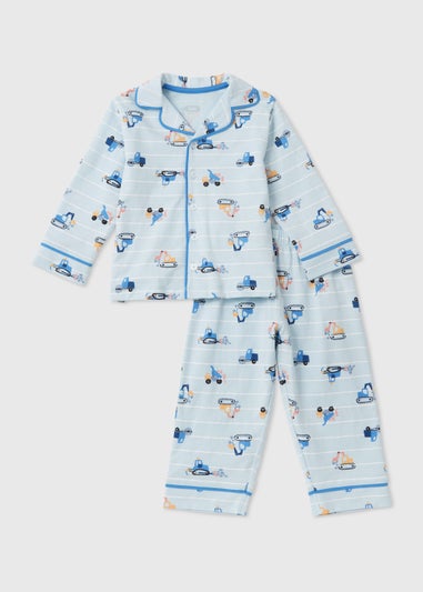 Boys Blue Transport Print Button Up Pyjama Set (9mths-5yrs)