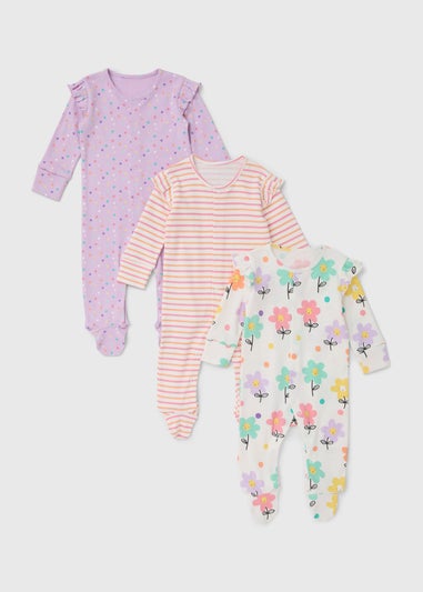 3 Pack Pink Baby Floral Sleepsuits (Tiny Baby-18mths)