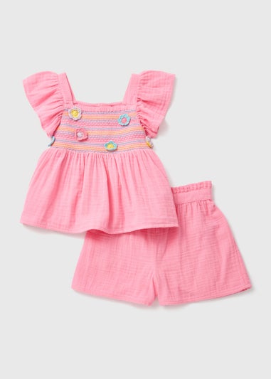 Girls Pink Embroidered Mesh Top & Shorts Set (1-7yrs)