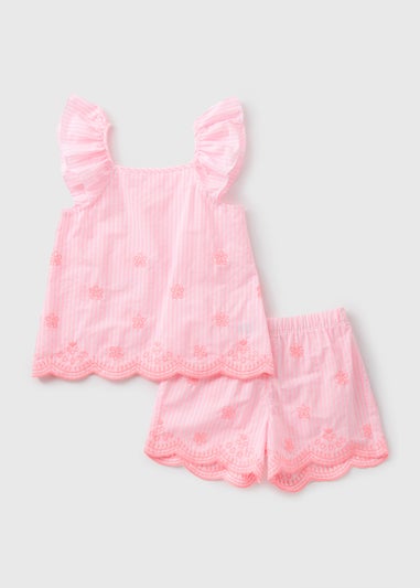 Girls Pink Frill Stripe Broderie Pyjama Set (9mths-5yrs)