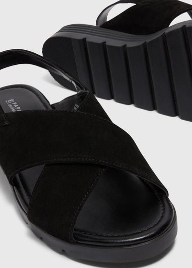 Black Leather Suede Cross Strap Sandals