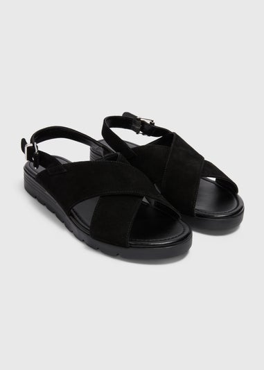 Black Leather Suede Cross Strap Sandals