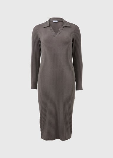 Grey Knitted Collared Midi Dress