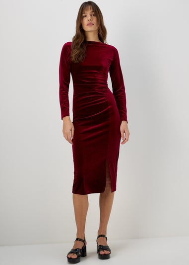 Burgundy Velvet Ruched Dress