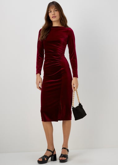 Burgundy Velvet Ruched Dress