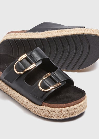 Black Textured Double Buckle Footbed Sandals