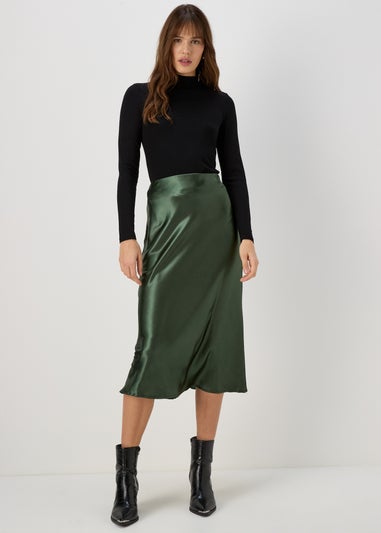 Green Satin Midi Skirt