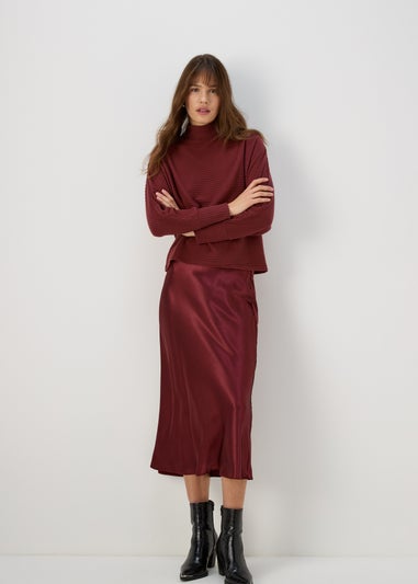 Burgundy Satin Midi Skirt